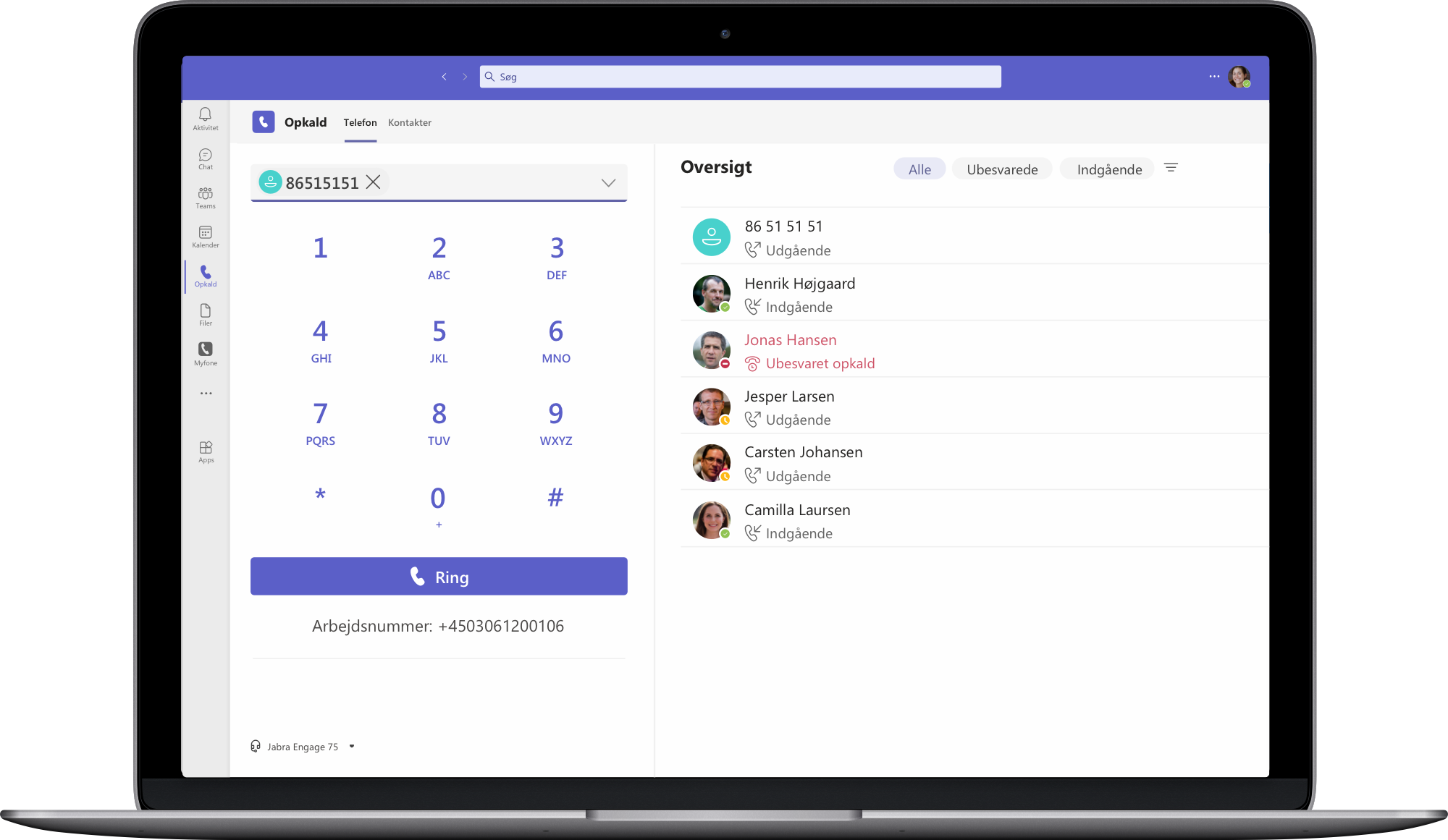 Flexfone-telefoni i Microsoft Teams med opkaldstastatur, opkaldshistorik og Myfone-integration